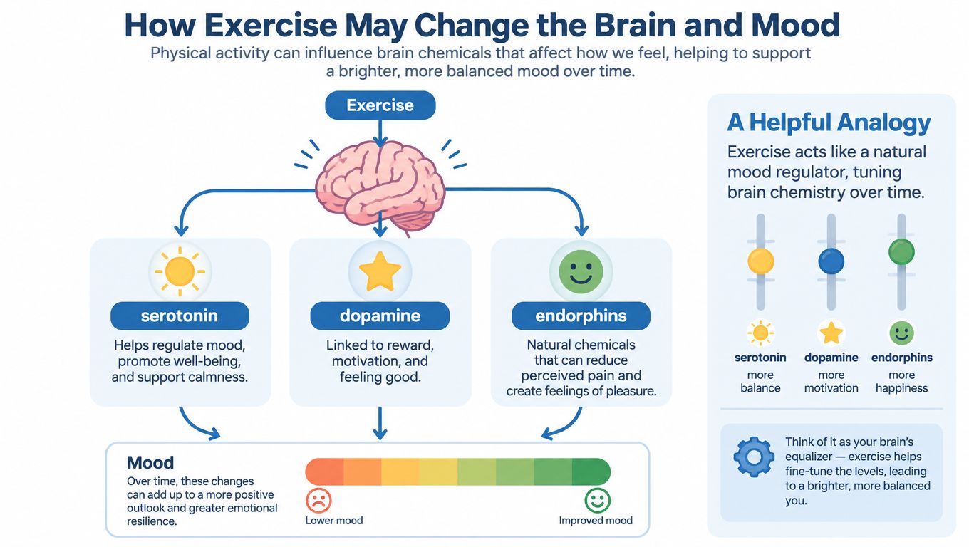 A diagram explaining how physical exercise positively impacts brain chemicals like serotonin, dopamine, and endorphins for better mood.