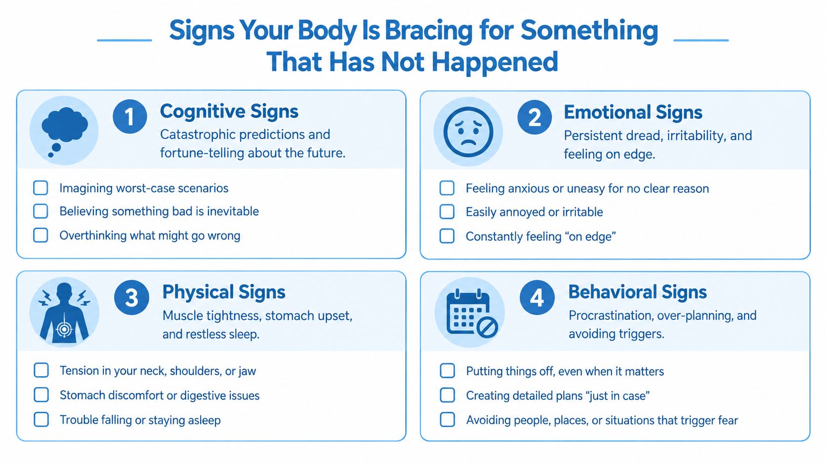 An infographic detailing the cognitive, emotional, physical, and behavioral signs of anticipatory anxiety and bracing for events.