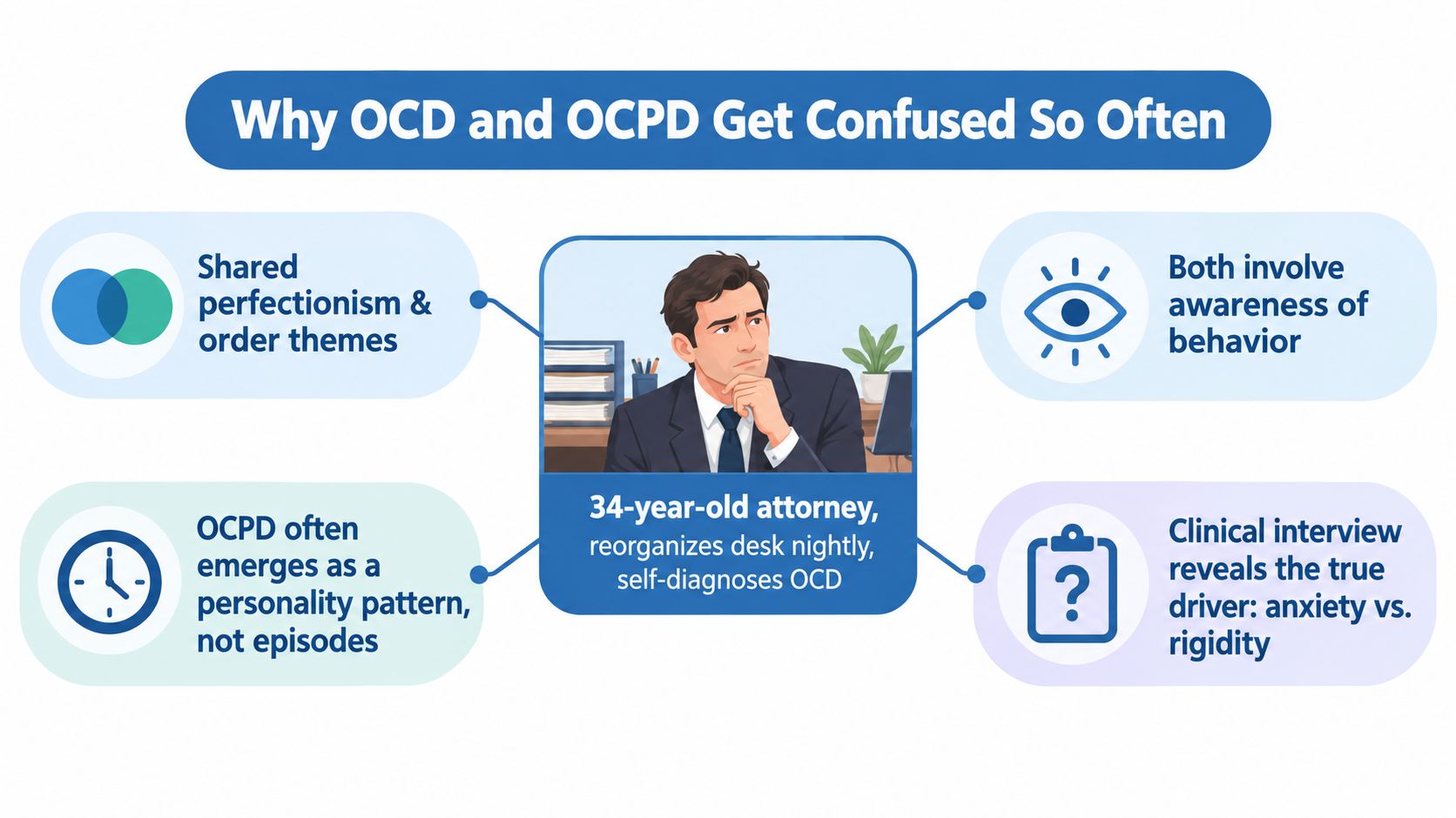 An infographic explaining why OCD and OCPD are often confused, featuring a 34-year-old attorney, showing key differences.