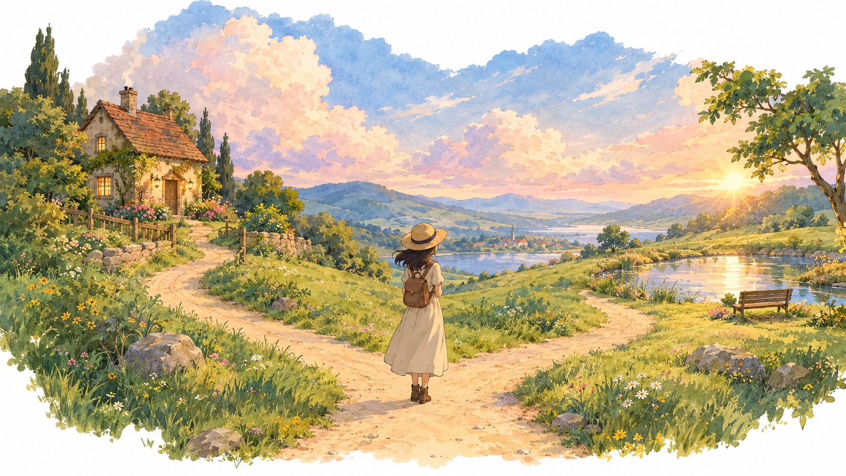 A girl with a backpack and hat walking along a scenic path toward a country house sunset