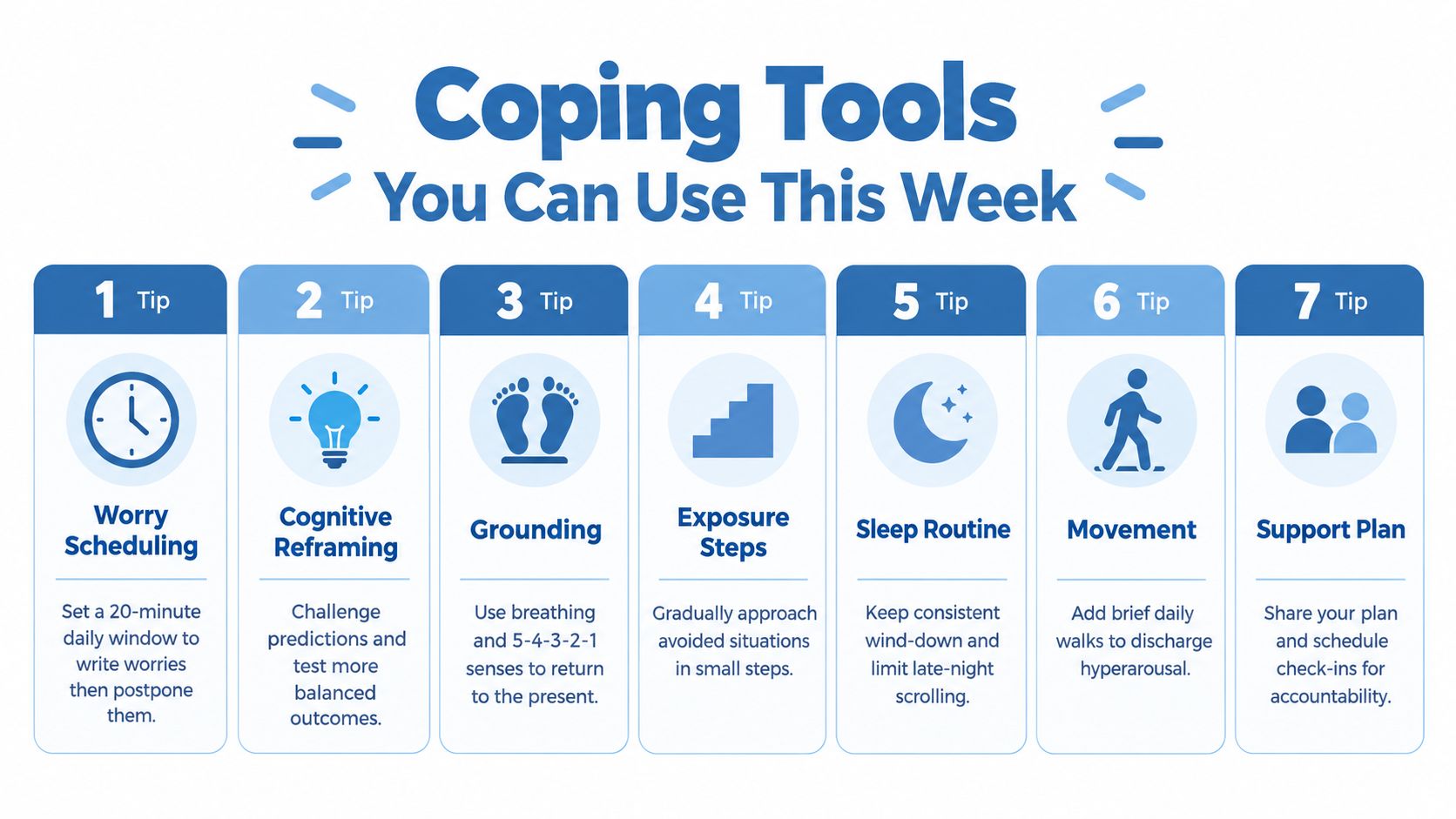 A list of seven practical coping tools and strategies for managing anticipatory anxiety and daily stress.