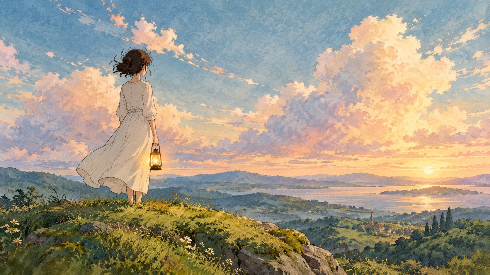 A girl in a white dress holds a lantern standing on a grassy hill overlooking a sunset