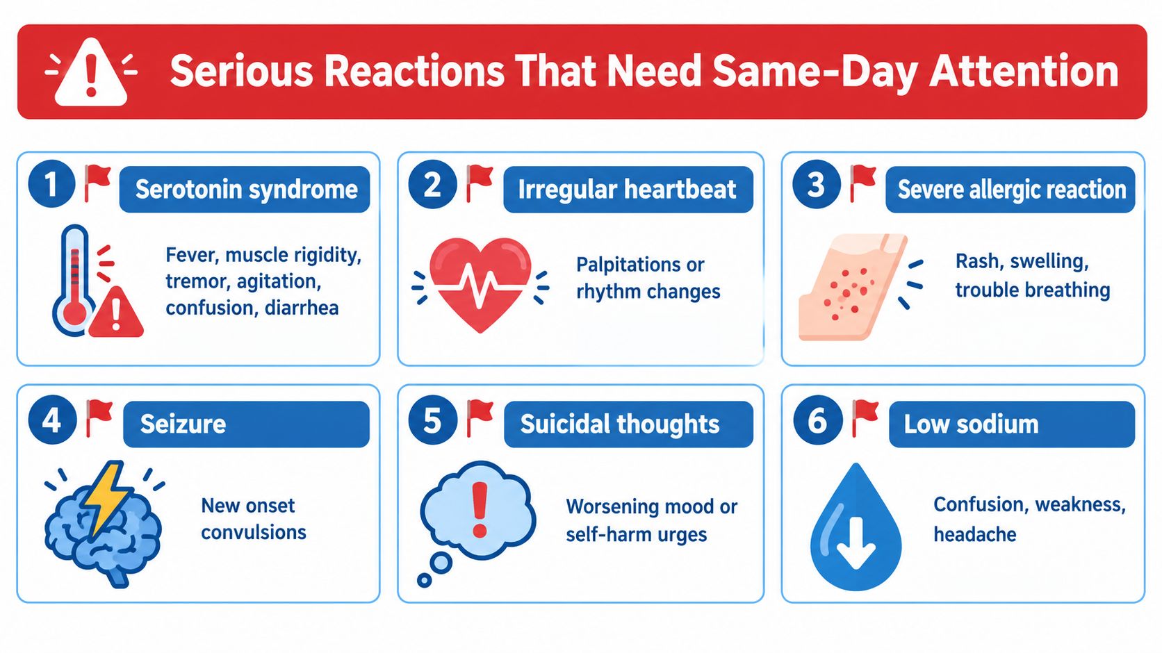 An infographic detailing six serious antidepressant side effects requiring same-day medical attention, such as serotonin syndrome and seizures.