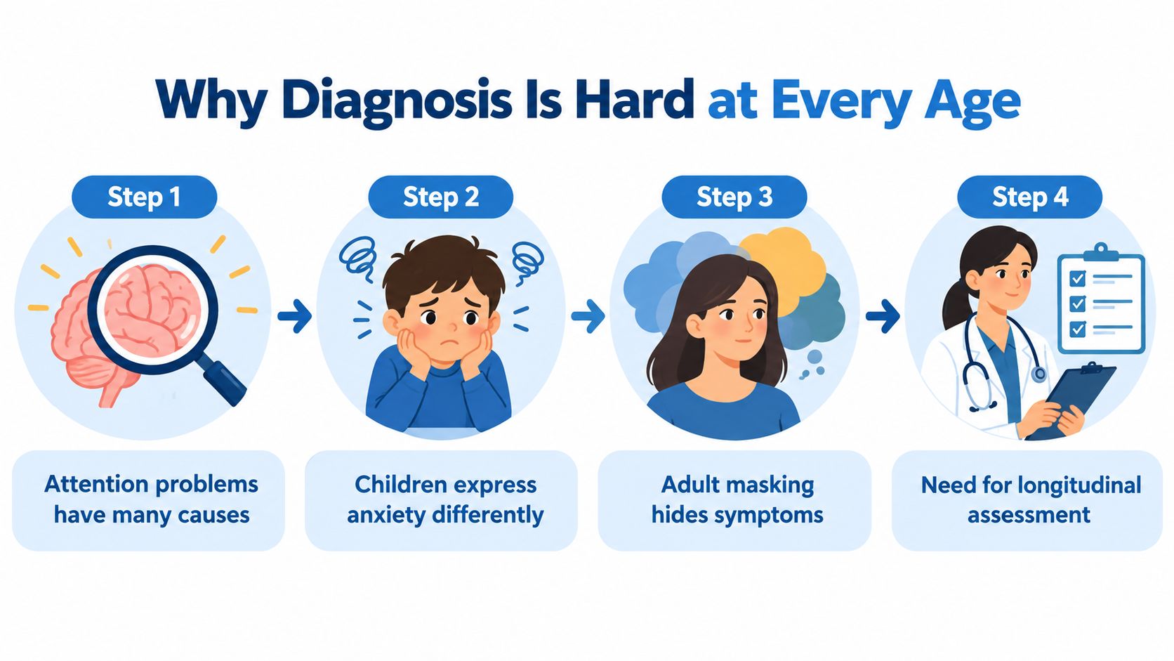 A four-step infographic explaining why clinical diagnosis of neurodivergent conditions like ADHD and anxiety is difficult.