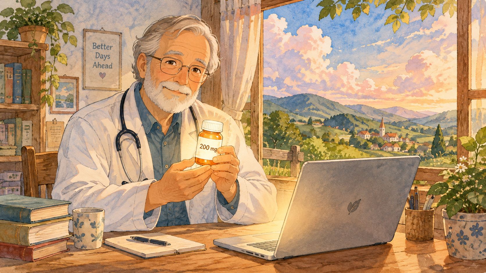 A friendly older doctor with a beard holding a bottle of medication in a bright, cozy study.