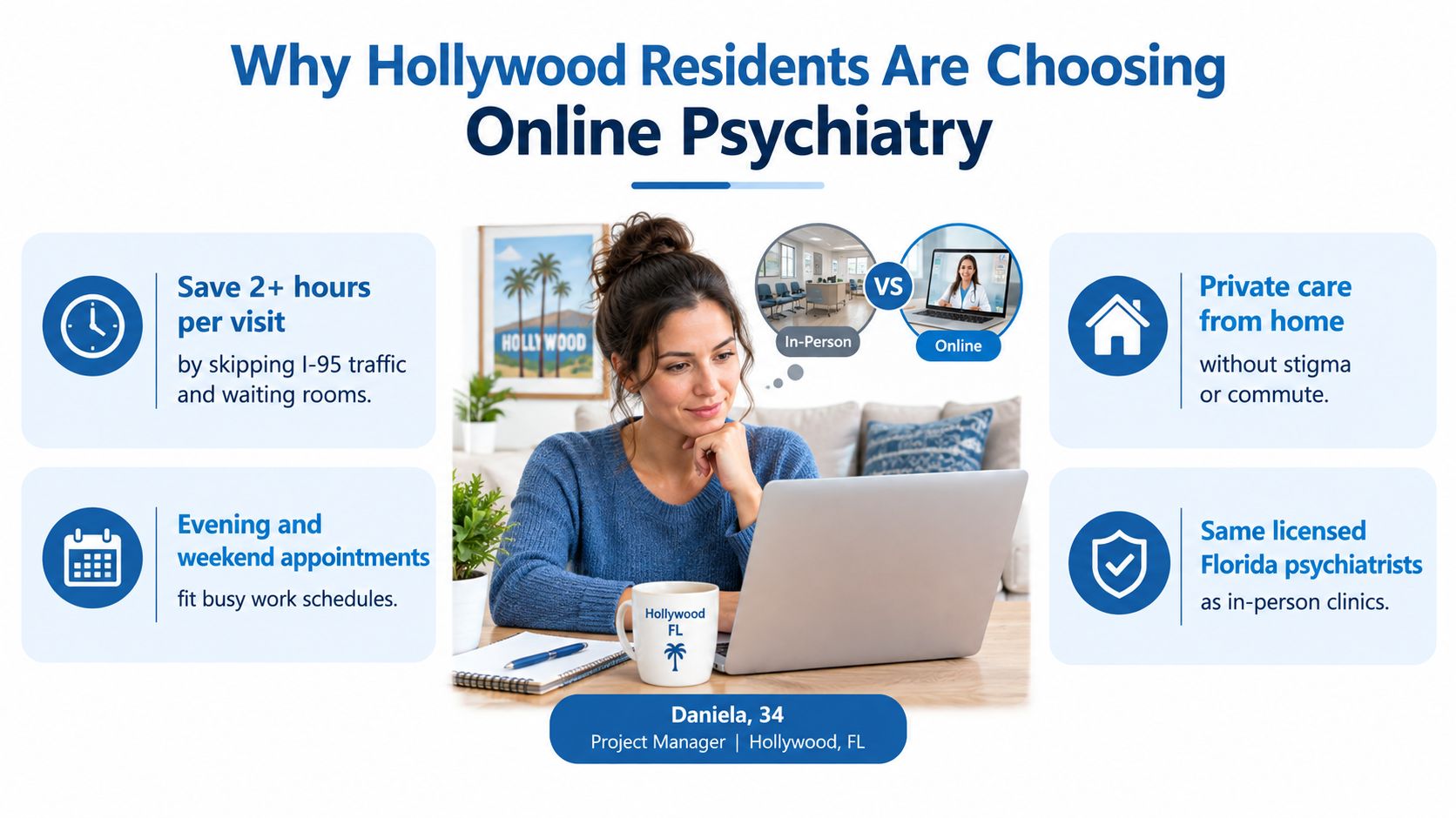 A woman using a laptop for online psychiatry, highlighting benefits for residents of Hollywood, Florida.