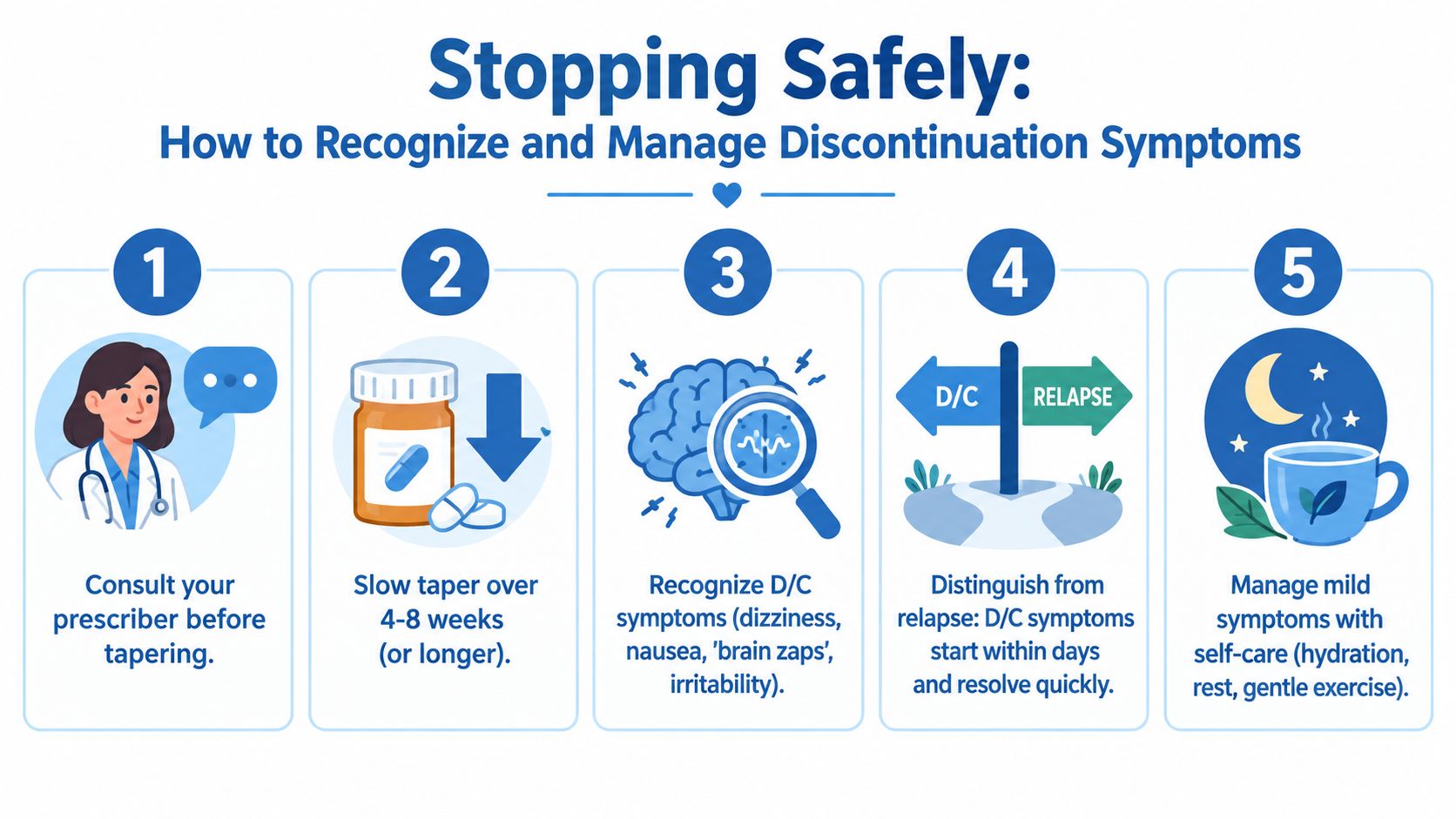 A five-step guide on how to safely discontinue medication, including consulting a doctor and tapering.