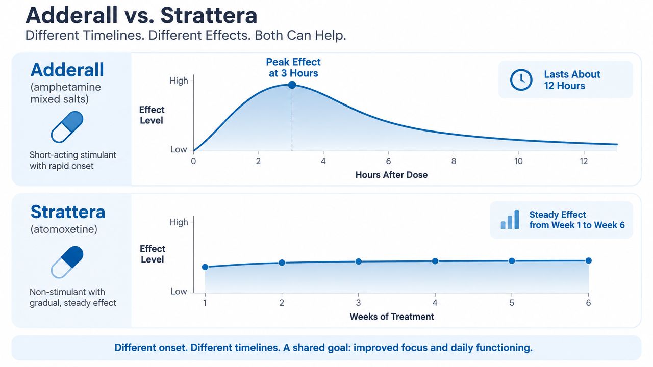 A comparison chart showing the peak effect of Adderall over 12 hours versus Strattera's steady effect over 6 weeks.