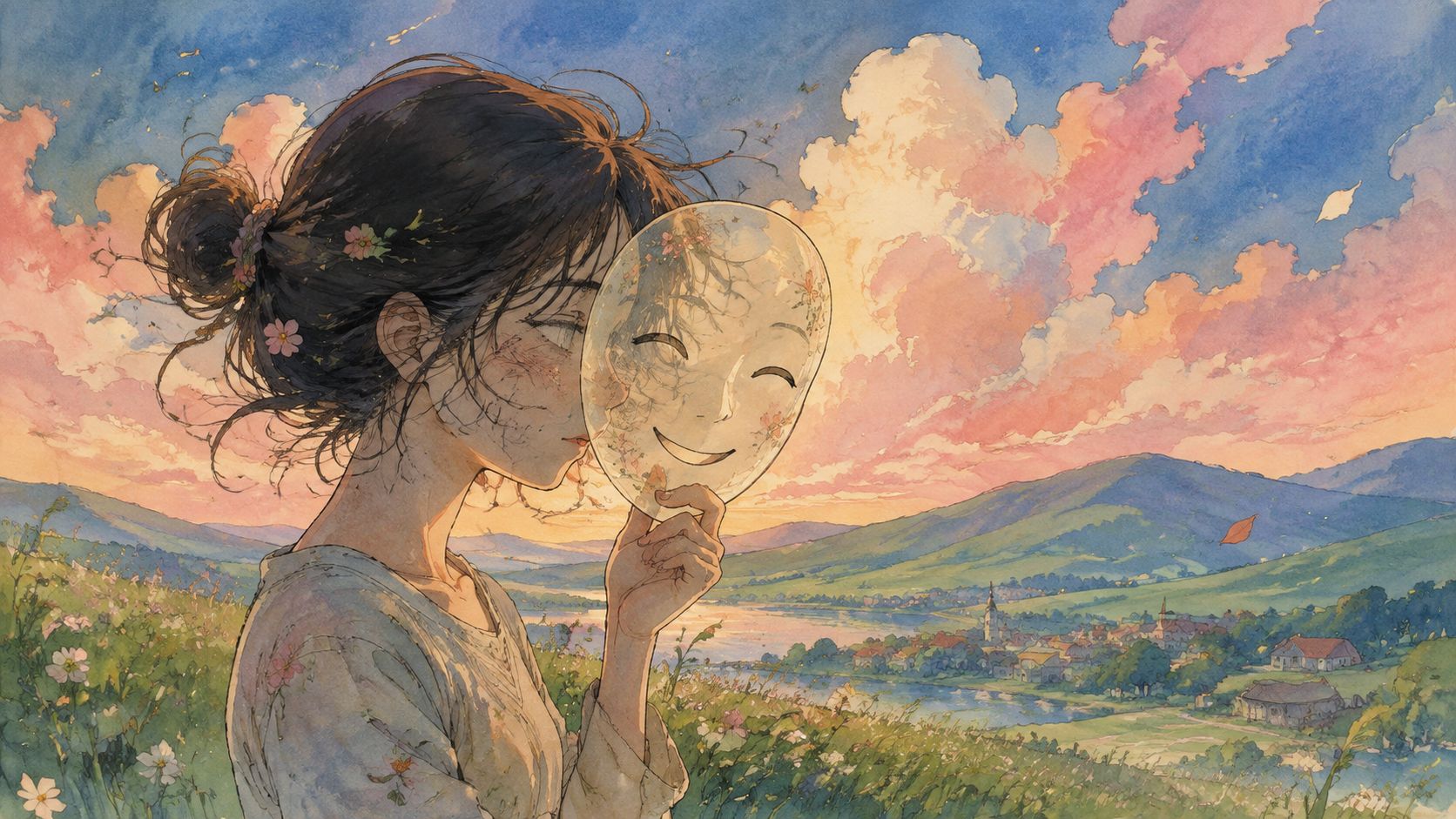 A girl stands in a scenic field holding a smiling mask to hide her face at sunset.