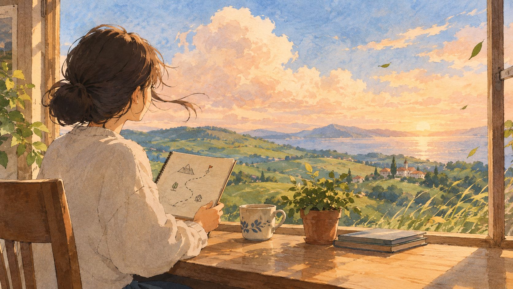 A woman looks out a sunlit window at a scenic landscape while sketching in a notebook.