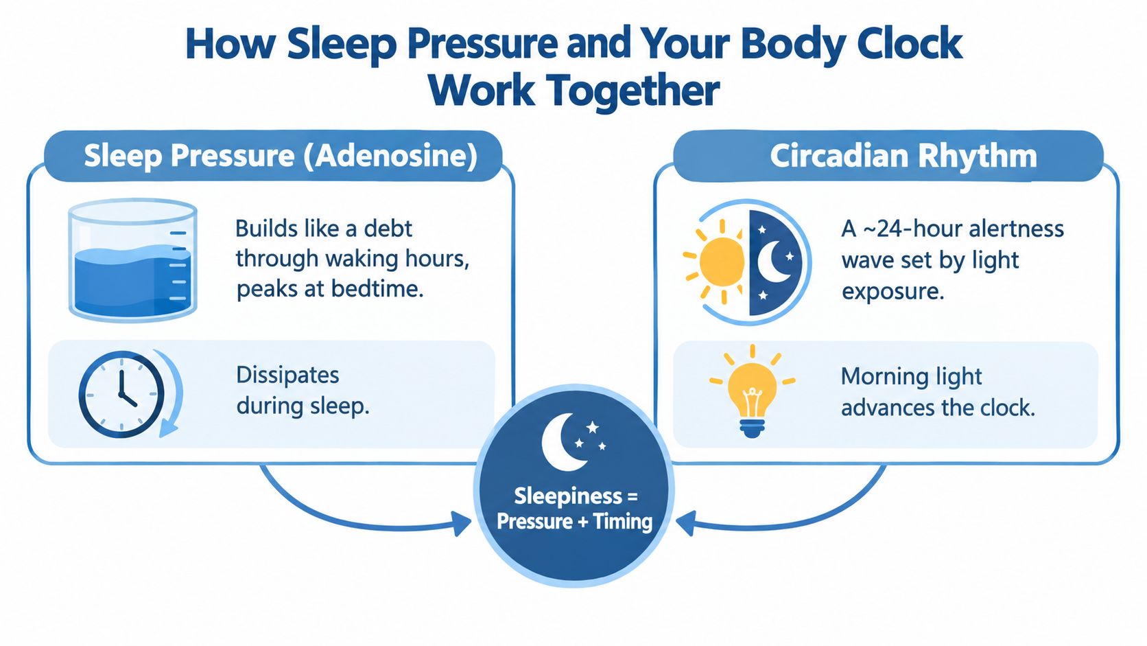 A diagram explaining how sleep pressure and circadian rhythm interact to determine your overall feelings of sleepiness.