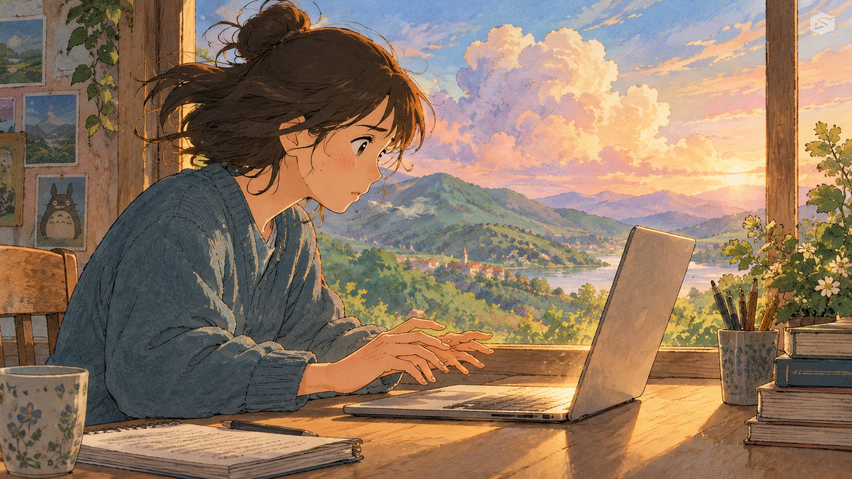 A young woman sitting at a desk by a window looks anxiously at her laptop screen.
