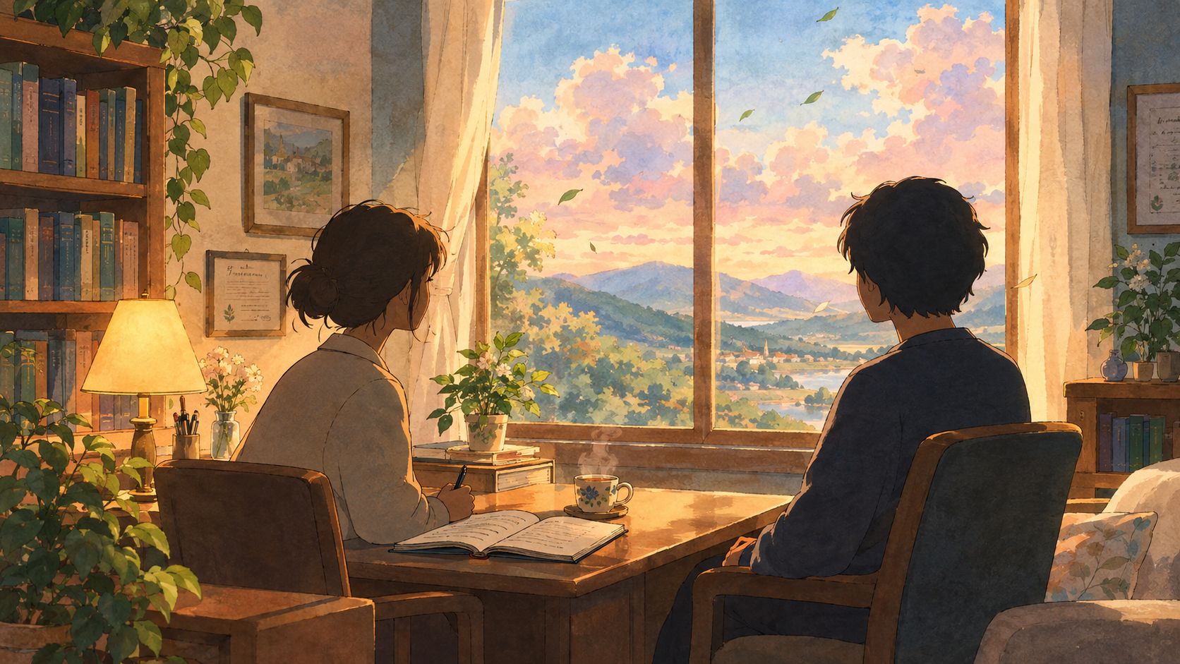 A couple sits at a wooden table by a large window overlooking a peaceful mountain landscape.