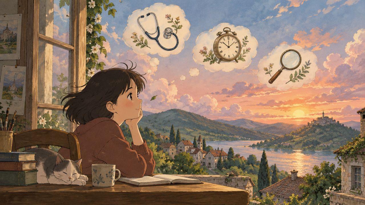 An anime-style girl looking out a window at a sunset while daydreaming about medical and analytical tools.