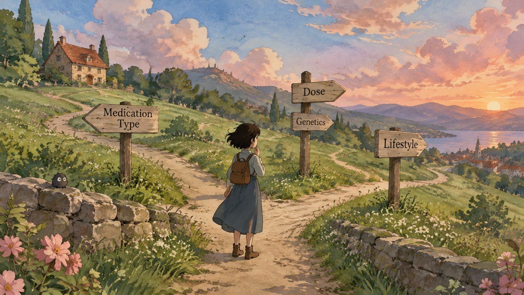 An anime style girl stands at a crossroads choosing between signs for medication type, dose, genetics, and lifestyle.