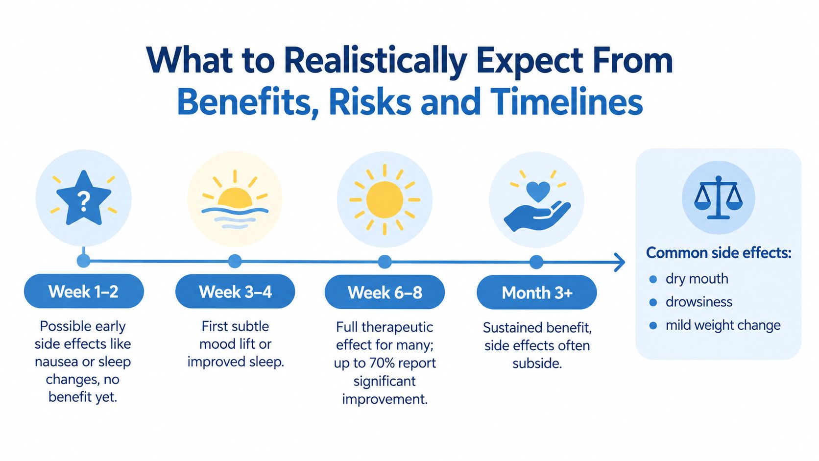 A timeline graphic showing expected benefits, side effects, and progress over three months of medication treatment.