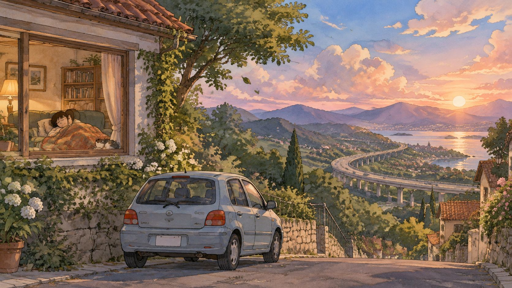 A peaceful sunset scene featuring a cozy room with people sleeping beside a parked car overlooking hills.