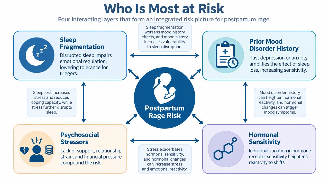 An infographic showing four interacting factors contributing to the risk of postpartum rage in new mothers.