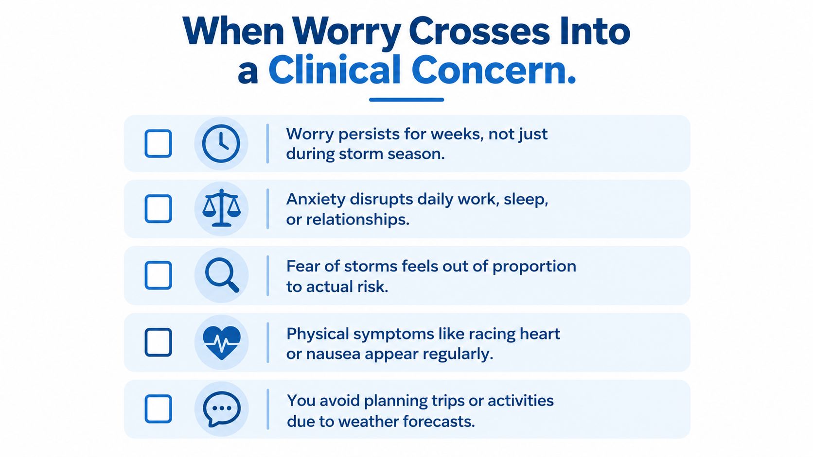 A checklist infographic outlining five signs when weather-related worry crosses into a clinical concern for help.