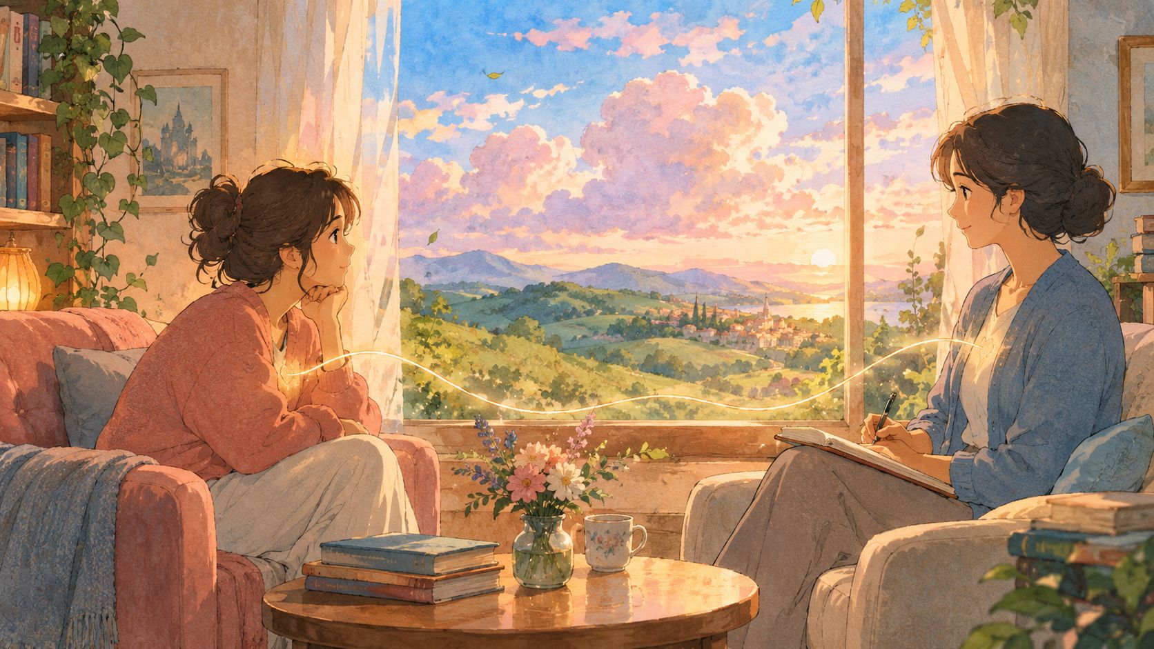 Two women sitting comfortably in a cozy room, sharing a connected golden light during a beautiful sunset.