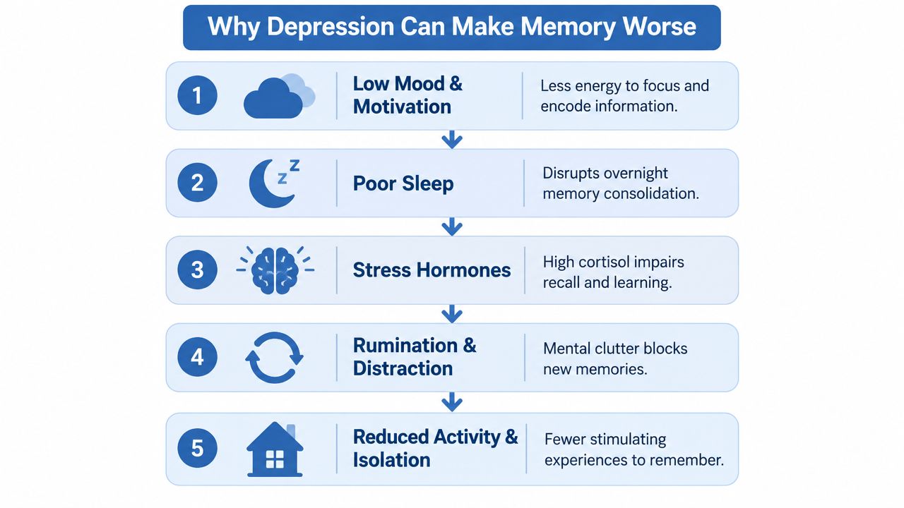 A five-step infographic explaining how depression impacts memory through mood, sleep, stress, distraction, and isolation.