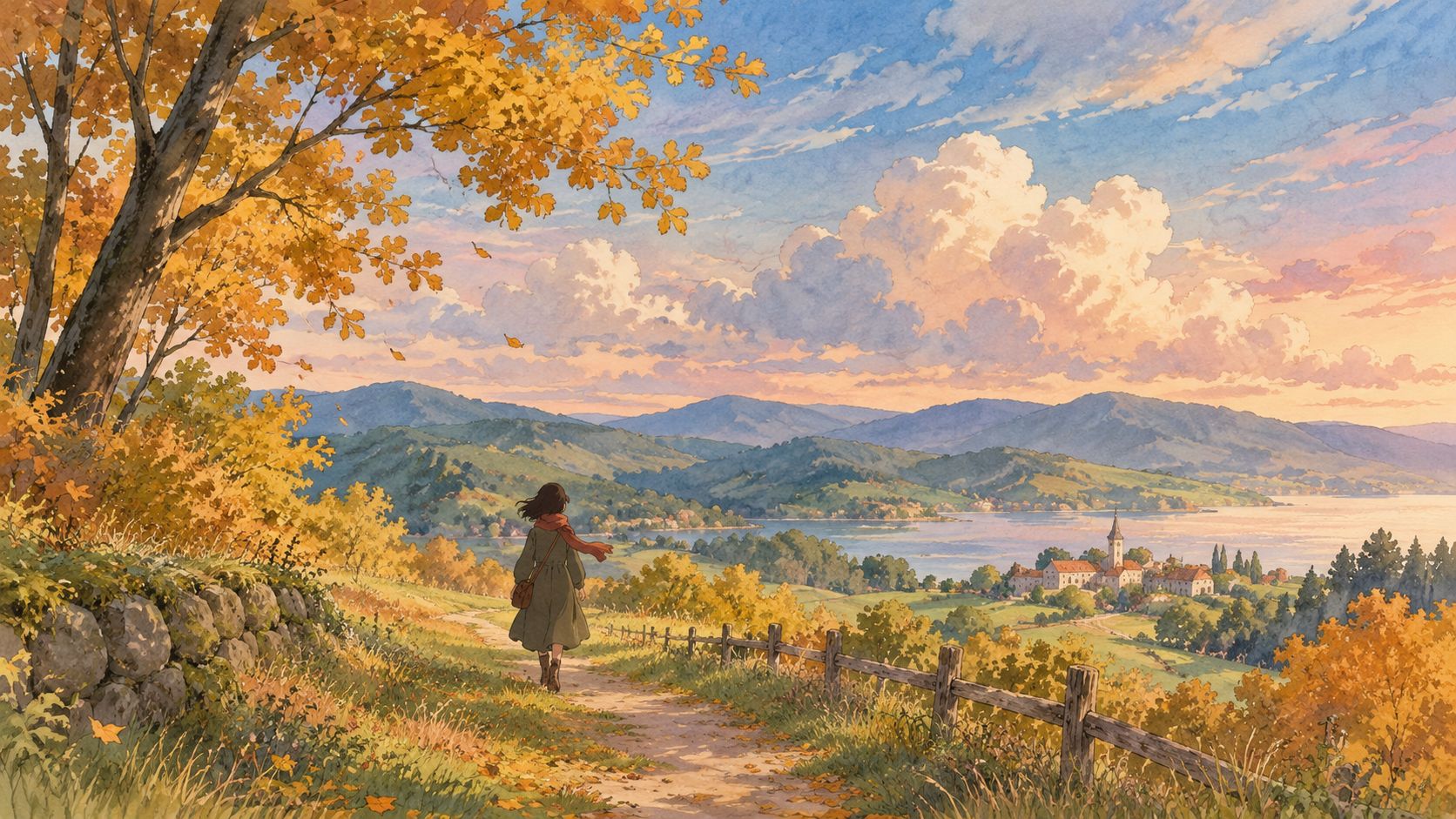 A woman walks along a scenic path through a beautiful autumn landscape overlooking a town and lake.