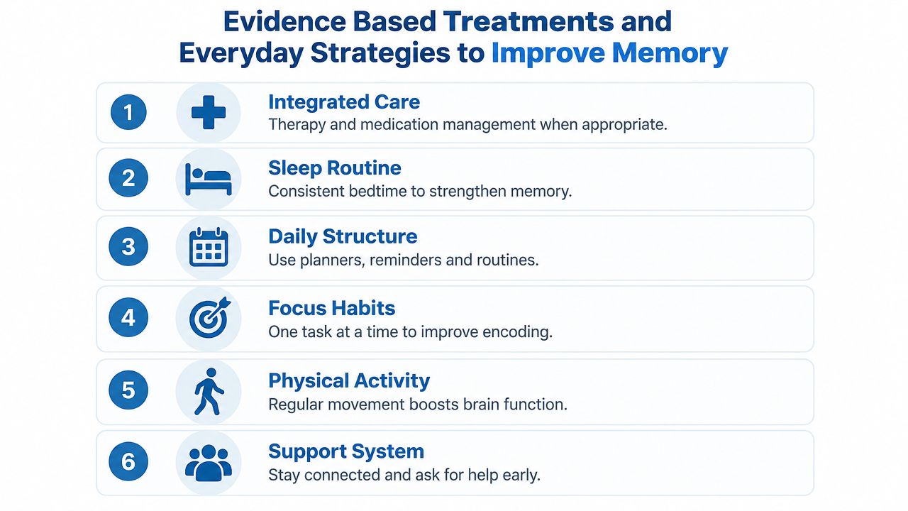 A list of six evidence-based treatments and everyday strategies for improving memory, shown with icons and text.