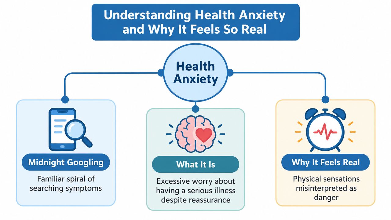 A diagram explaining health anxiety, featuring sections on symptom searching, definition of the condition, and physical sensations.