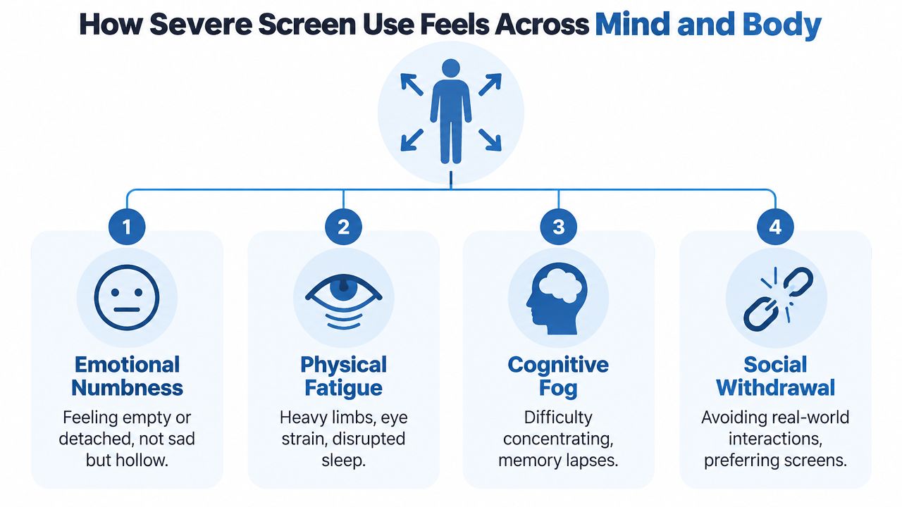 A diagram illustrating four negative effects of severe screen addiction on human mental and physical health.