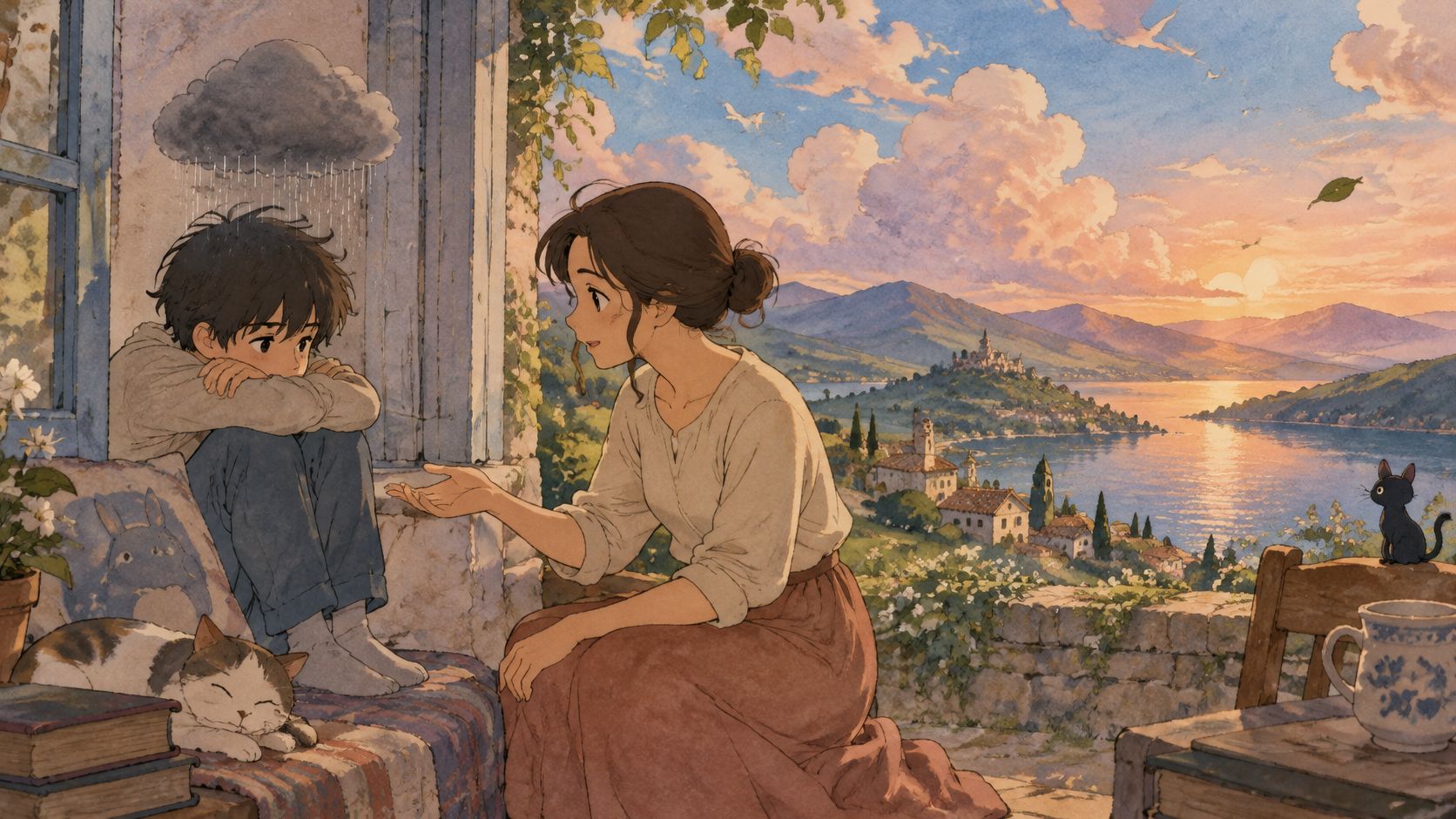 A woman comfortingly reaches out to a sad teenage boy sitting under a small rain cloud.