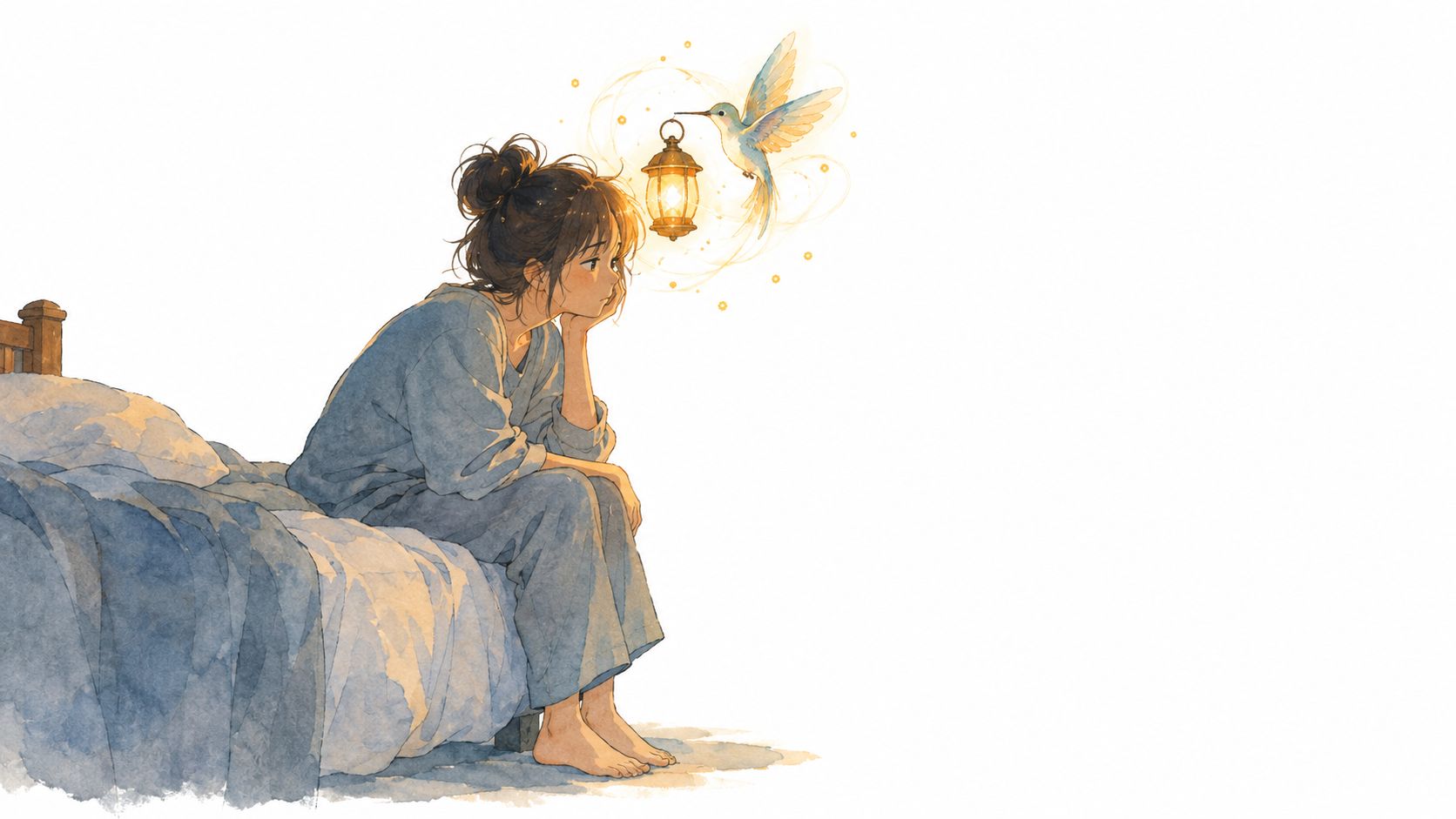 A girl sitting on her bed at night, gazing thoughtfully at a magical hummingbird carrying a glowing lantern.