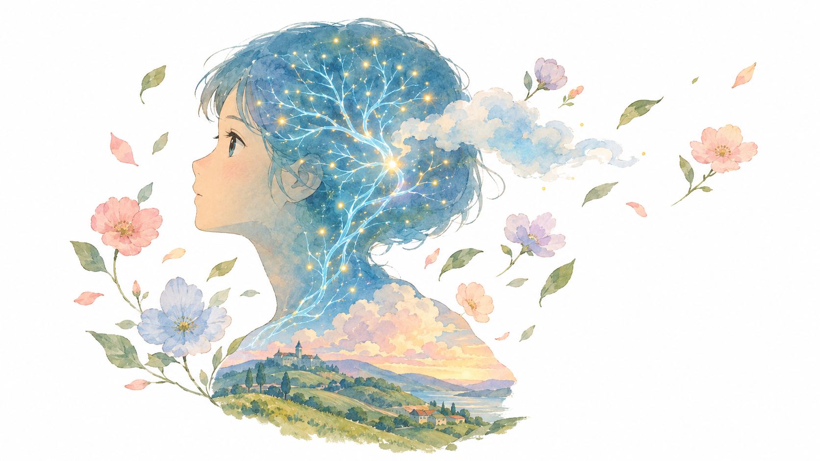A girl in profile with a dreamy landscape and glowing tree silhouette within her hair and shoulders