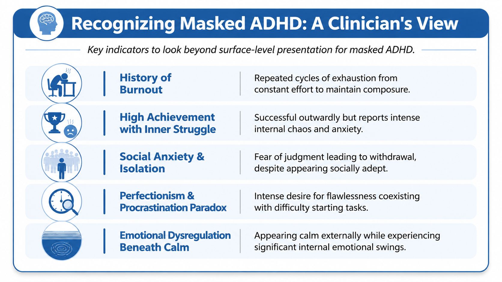 An infographic titled Recognizing Masked ADHD: A Clinician's View listing five indicators of masked attention deficit disorder.