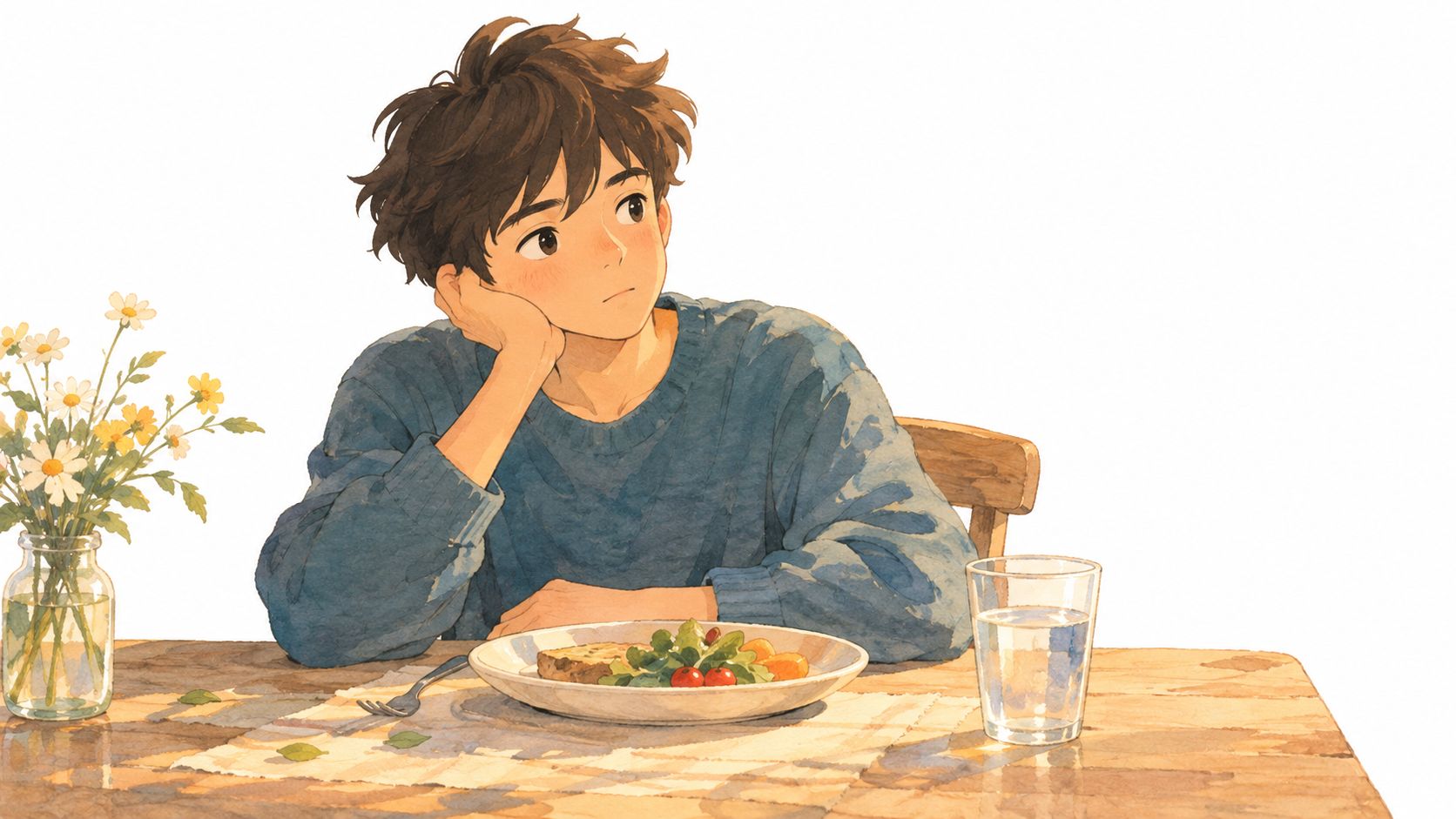 A pensive teenager sitting at a table with a simple meal, looking away thoughtfully in an artistic illustration.