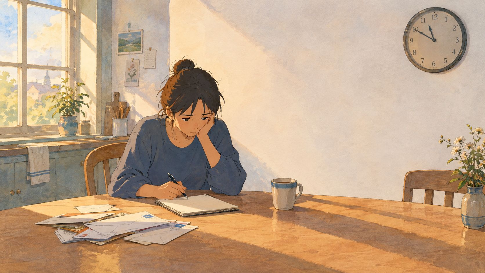 A young woman sitting at a dining table writing in a notebook, feeling overwhelmed by a pile of letters.