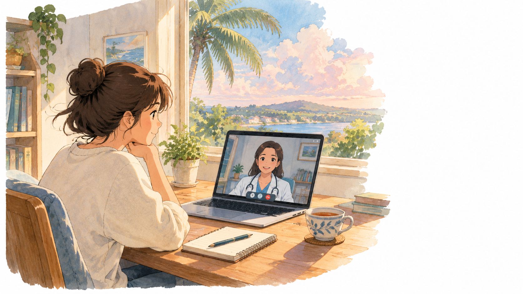 A woman sitting at a wooden desk having a video call with a doctor on her laptop.