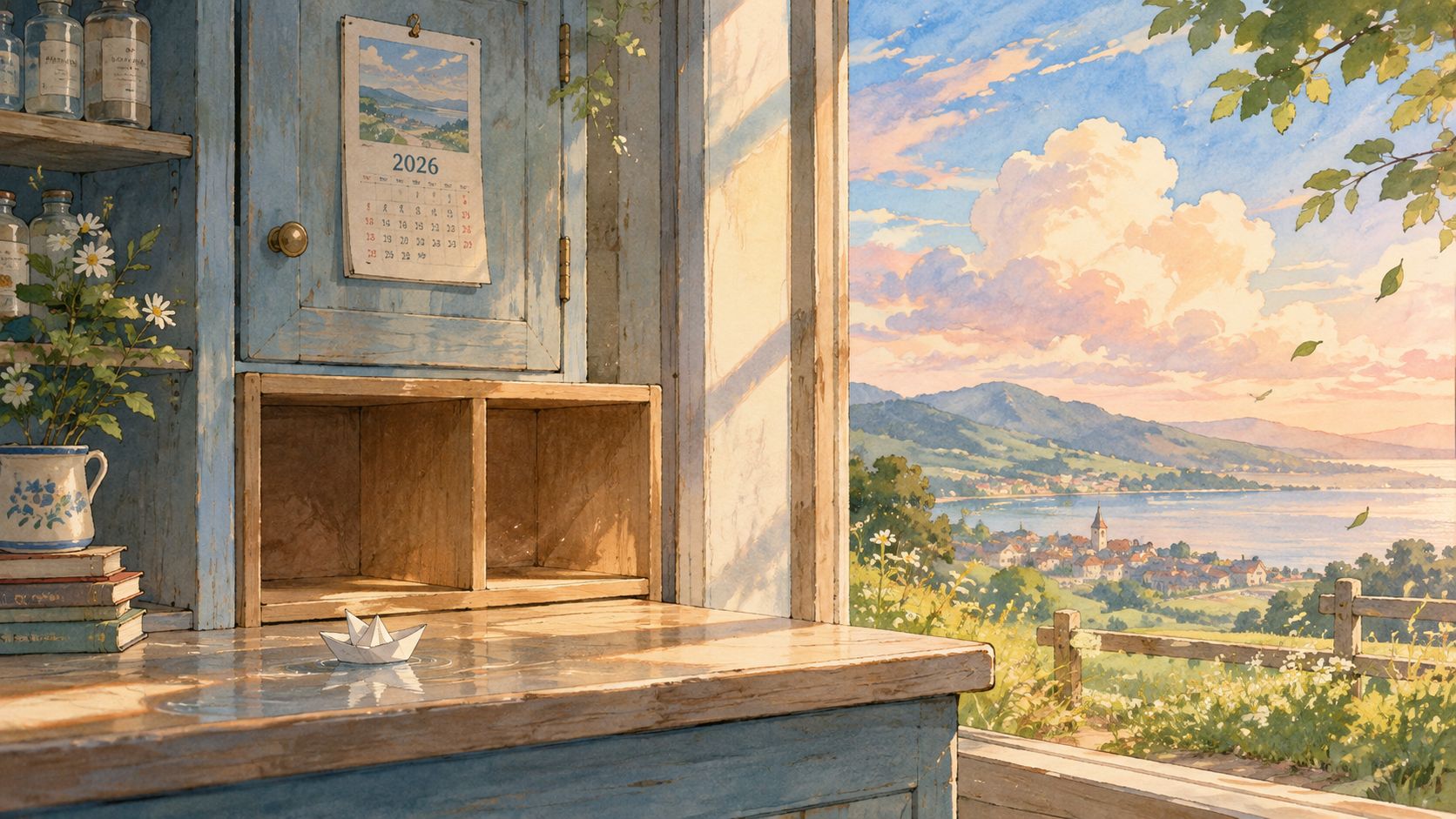A peaceful wooden desk overlooking a sunlit town and lake with a paper boat on water.