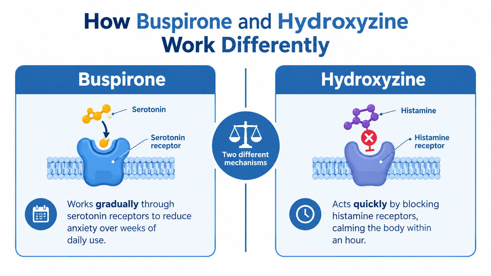 An infographic comparing the different mechanisms of action for the medications Buspirone and Hydroxyzine.