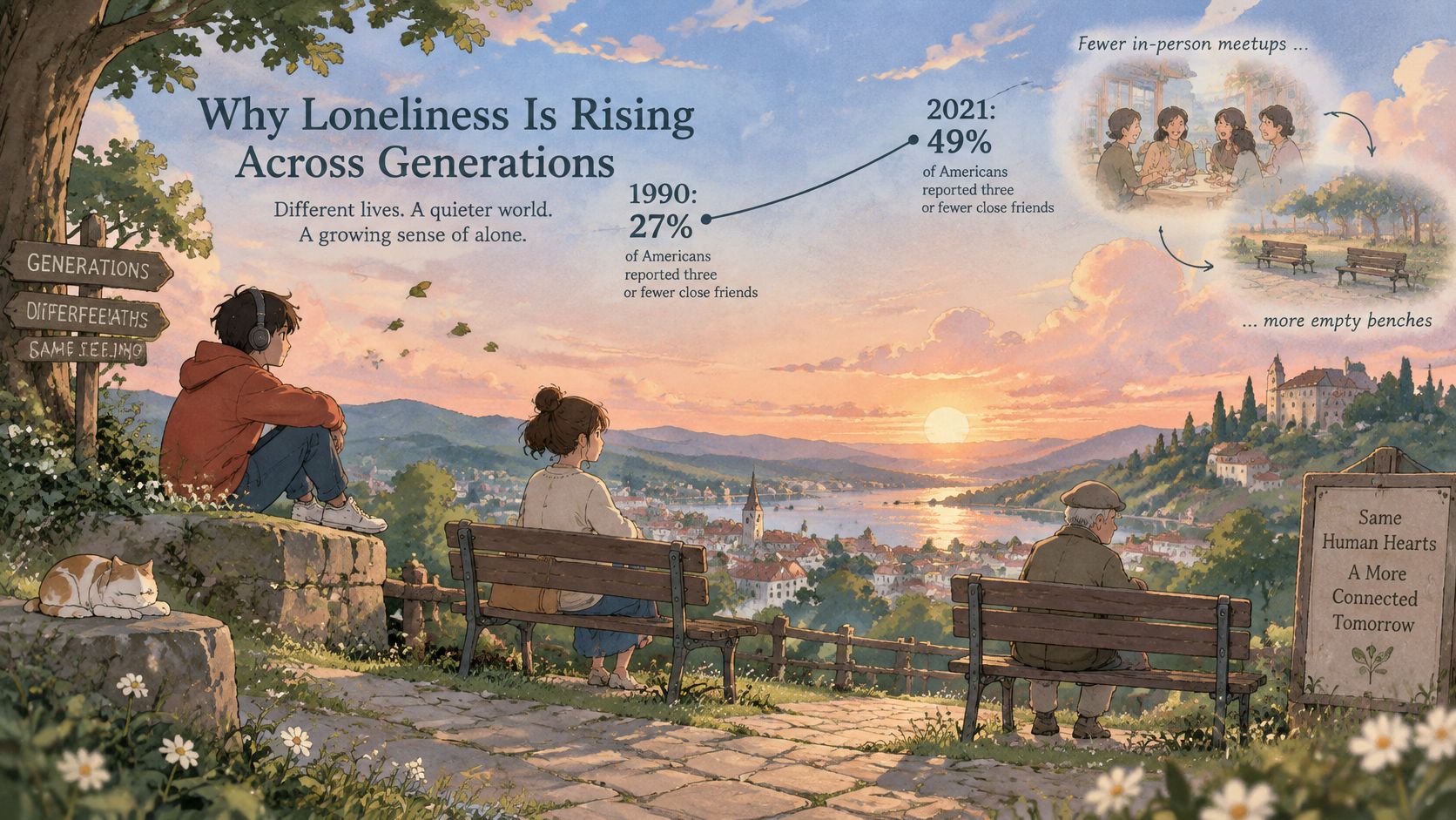 A contemplative digital illustration showing a sunset over a town with data about rising loneliness trends.