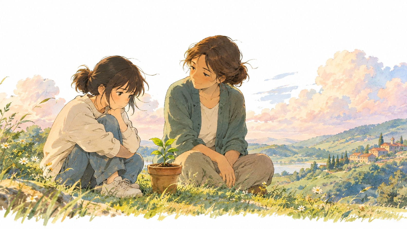 A contemplative teenage girl sitting with a supportive woman near a small potted plant in a landscape.