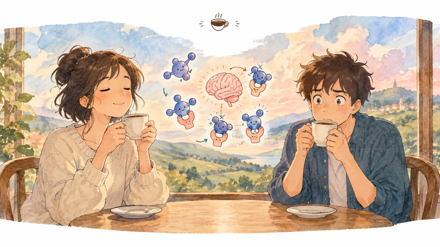 A woman calmly drinks coffee while a man looks anxious, with brain chemistry illustrations between them.