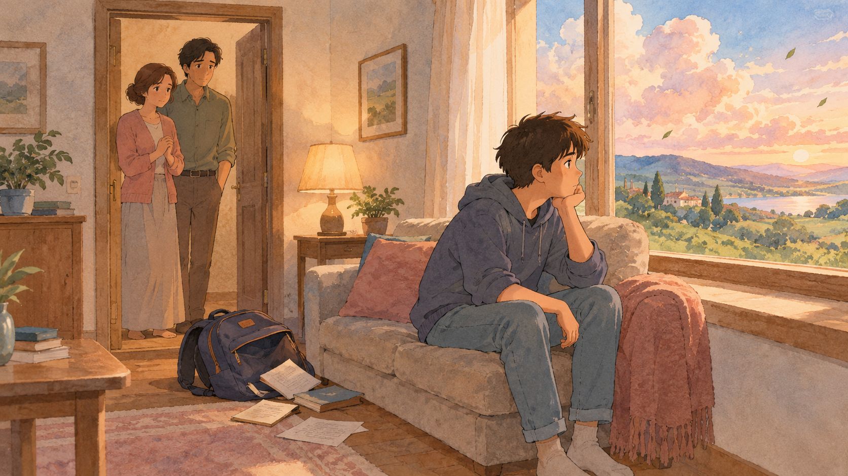 A pensive young man sitting on a couch while his parents watch from the doorway at sunset.
