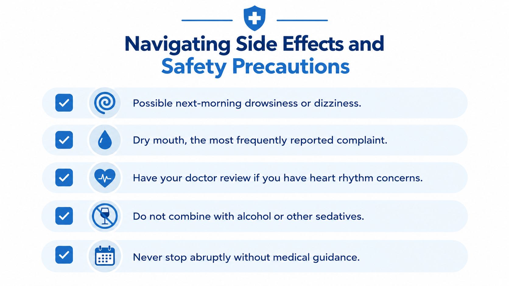 A safety infographic detailing side effects and precautions for medication use with checkboxes for each point.