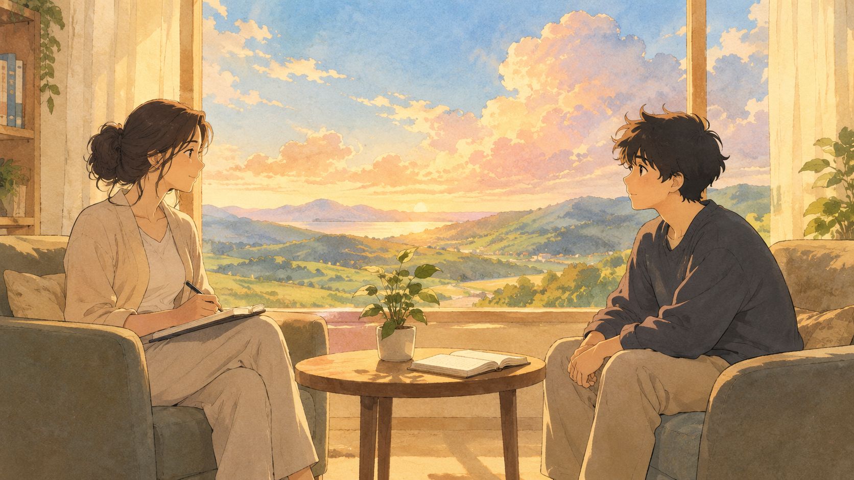 A warm, artistic illustration of a young woman taking notes while speaking with a man in a cozy room.