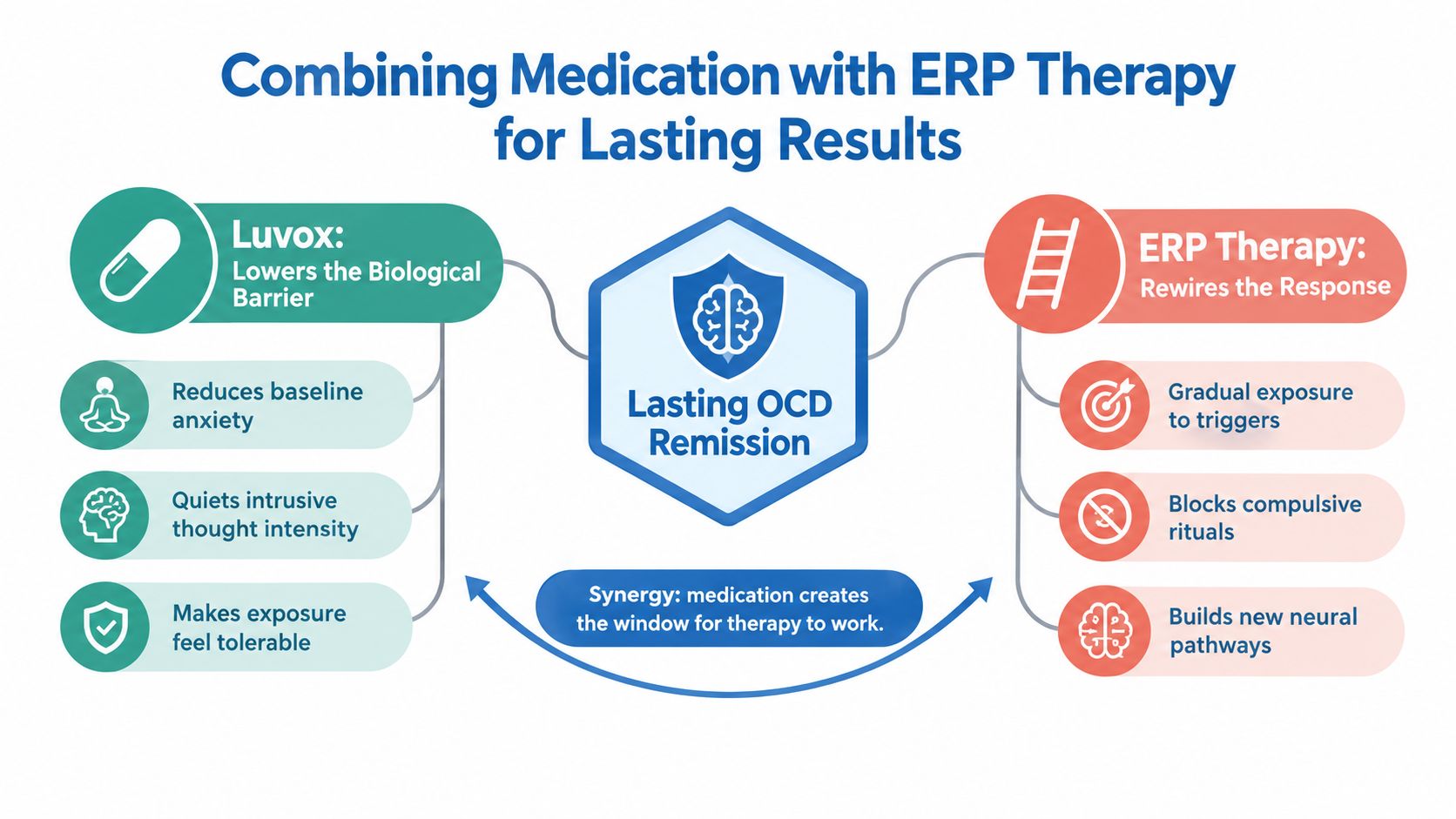 An infographic showing how Luvox medication and ERP therapy combine to help achieve lasting OCD remission.