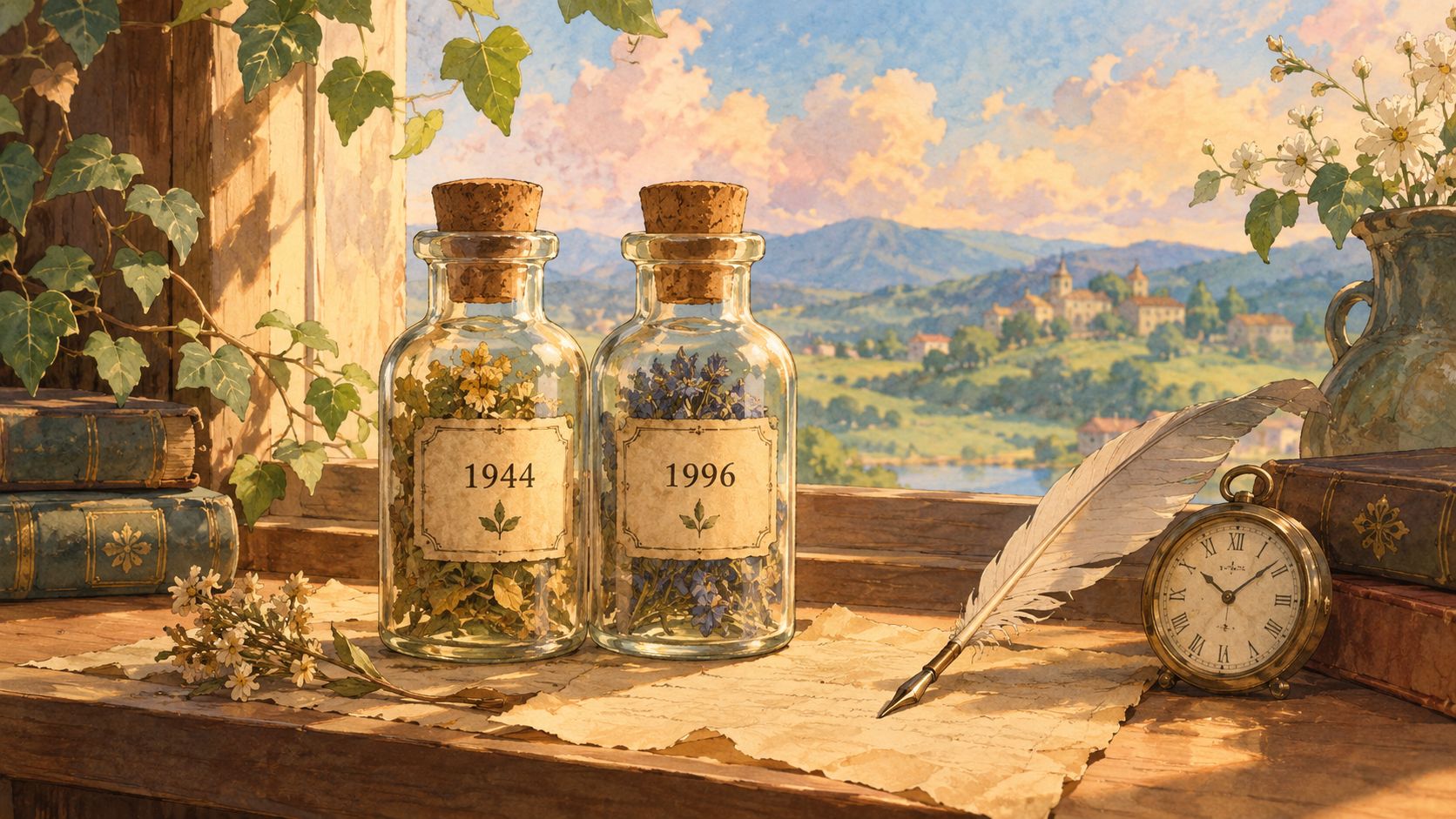 Two glass apothecary jars with year labels 1944 and 1996 resting on a desk with a quill.