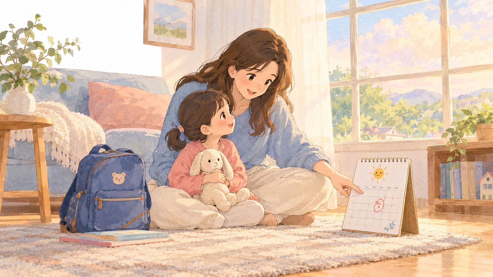 A mother and daughter sit on a rug, looking at a calendar together before school starts.