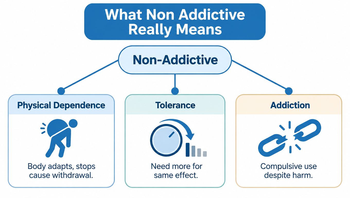 A diagram explaining that non-addictive substances can still cause physical dependence, tolerance, and compulsive usage issues.