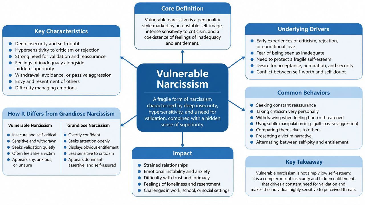 An infographic detailing the core characteristics, drivers, behaviors, and impacts of vulnerable narcissism compared to grandiose narcissism.