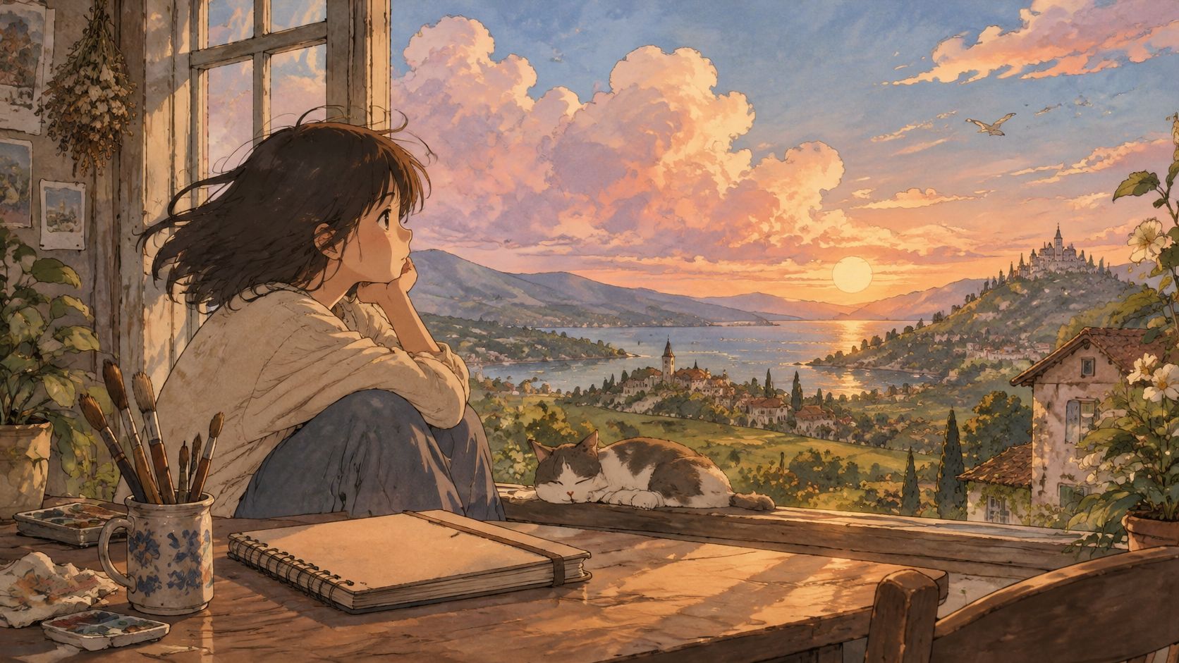 An anime style girl sits by a window looking at a serene sunset over a coastal town landscape.